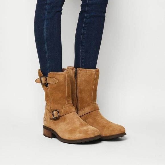 UGG Shoes - UGG Women’s Chaney Chestnut Suede Moto Boots Inside Zipper Shearling Size 9.5